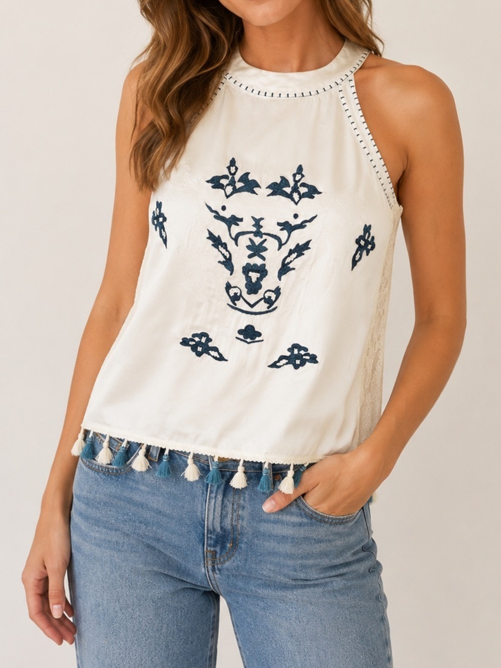 Upcycled Blue & White Embroidered Beaded Tank Top with Lace - Small